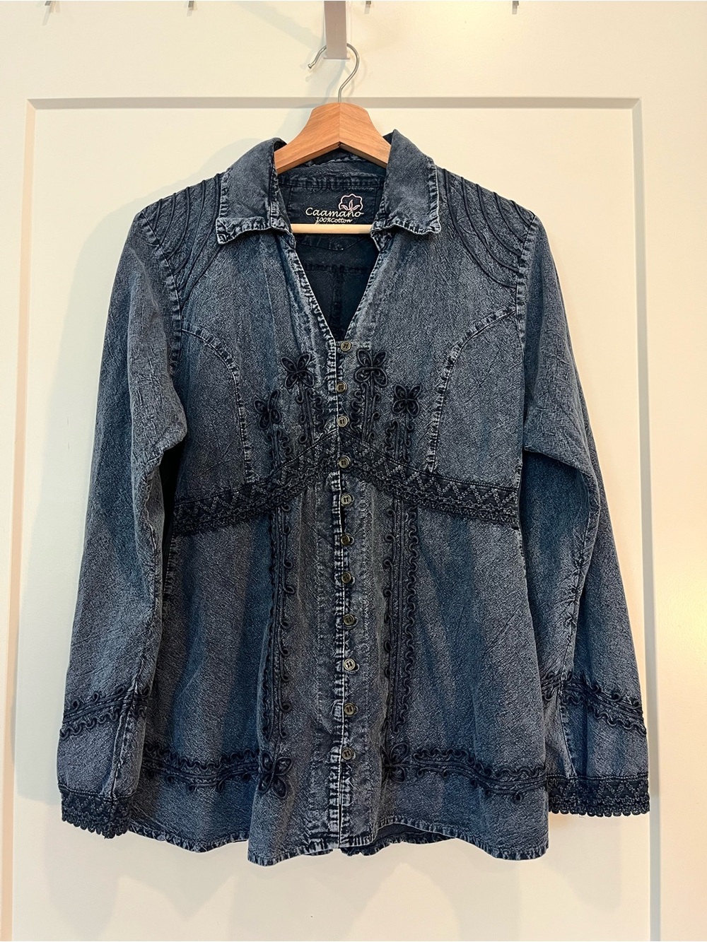 Caamano Y2K cotton embroidered blue peasant babydoll V neck Western Indie top L